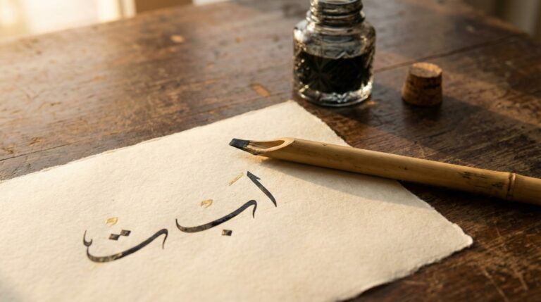 Arabic calligraphy with a traditional reed pen and inkwell for Medina Edu course